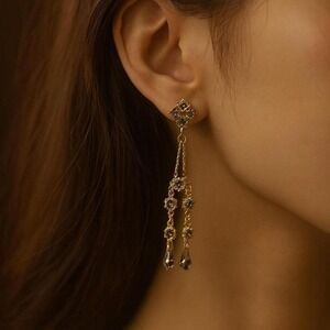Vintage Style Gold Long Drop Earrings with Smoky Crystal – Elegant & Ornate Desi
